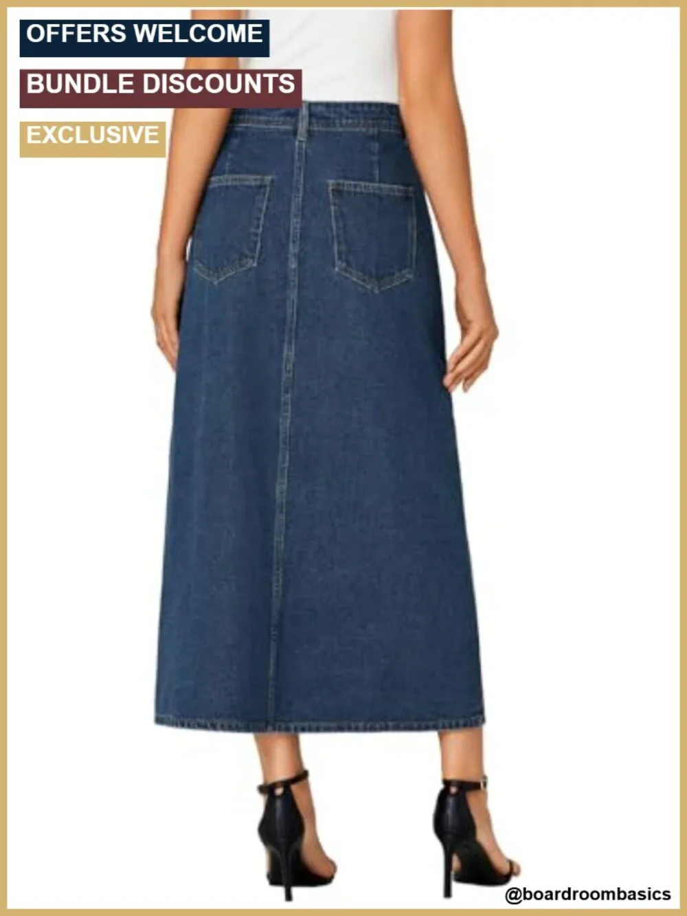 Button Front A-Line Midi Denim Skirt with Pockets